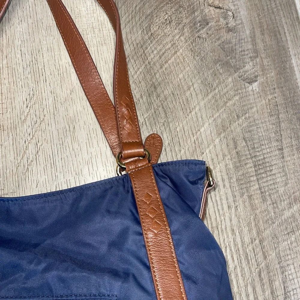 Lily Jade Navy blue brown leather Diaper bag convertible EUC